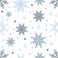 Simple Christmas seamless pattern. Snowflakes with different ornaments. On black background
