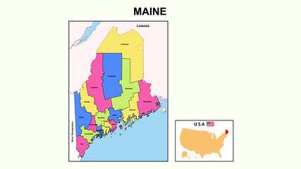 Maine Map. State and district map of Maine. Political map of Maine with neighboring countries and borders.