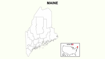 Maine Map. State and district map of Maine. Political map of Maine with outline and black and white design.