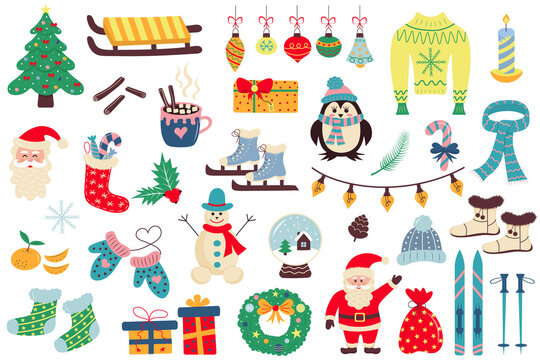 Set of winter and Christmas icons. Hand-drawn vector illustration.