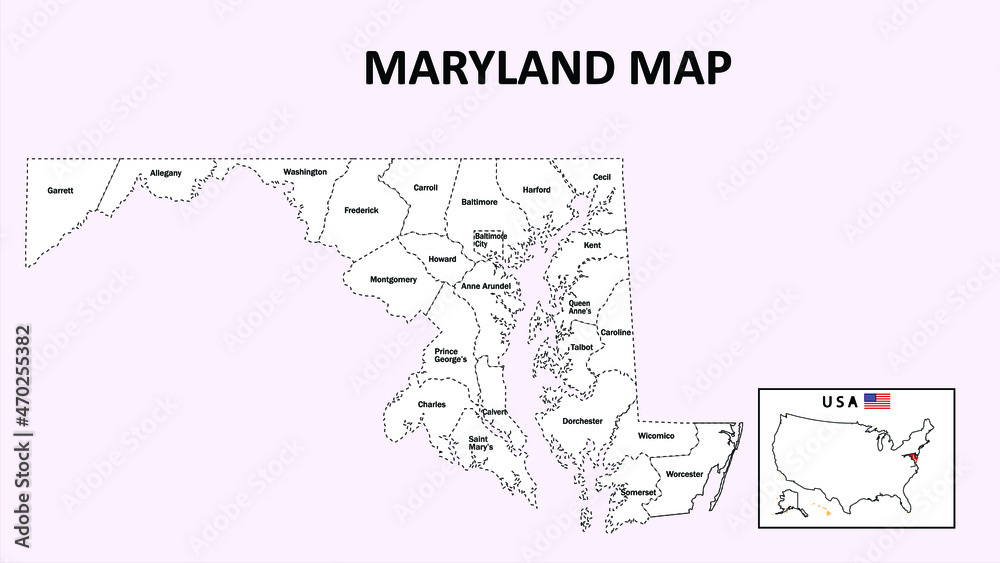 Sticker Maryland Map. State and district map of Maryland. Administrative map of Maryland with district and capital in white color.