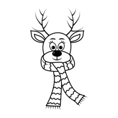 Christmas deer head in scarf in doodle style. Winter baby cartoon character.