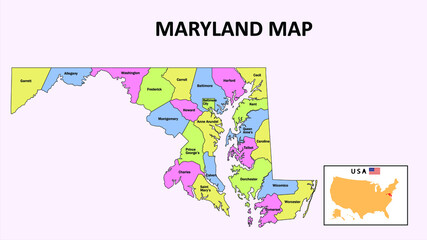 Maryland Map. District map of Maryland in 2020. District map of Maryland in color with capital.