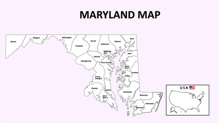 Maryland Map. State and district map of Maryland. Administrative map of Maryland with district and capital in white color. - obrazy, fototapety, plakaty