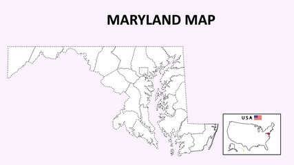 Maryland  Map. State and district map of Maryland. Political map of Maryland with outline and black and white design.