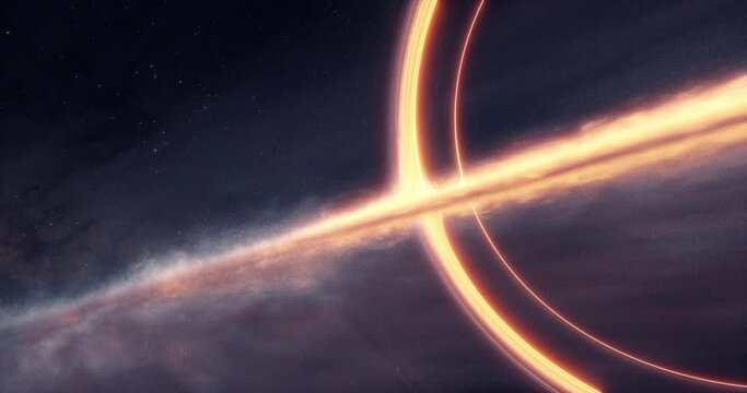 Black hole with lensing effect and accretion disk. Stars and galaxy background. Cinematic space rendering for science, technology and science fiction visualizations. High resolution 4k.	

