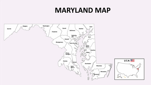 Maryland Map. State and district map of Maryland. Administrative map of Maryland with district and capital in white color.