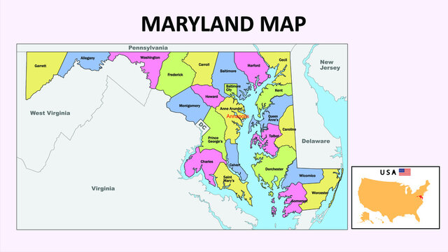 Maryland Map. State And District Map Of Maryland. Political Map Of Maryland With Neighboring Countries And Borders.