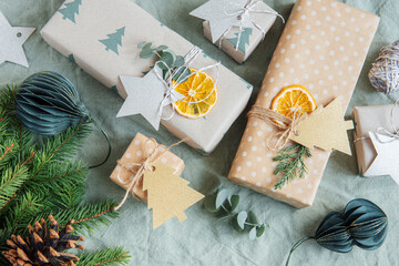 Christmas  decorative homemade gift boxes wrapped in brown kraft paper