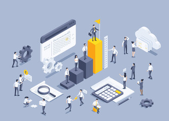 isometric vector illustration on a gray background, a man in a business suit with a flag stands on the highest column of the chart and other people working in team on work tasks, achieve result - obrazy, fototapety, plakaty