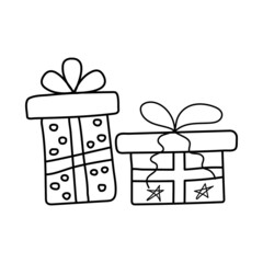 Gifts with bow knot in doodle style. Surprise boxes. Celebrate birthday or Christmas.