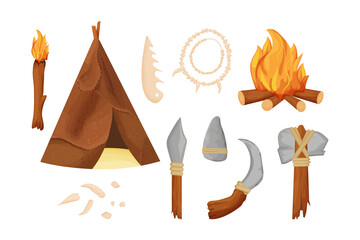 Stone age set with barbarian hut, necklace from bones, tools and weapon from rock and wooden sticks, fireplace in cartoon style isolated on white background stock vector illustration.