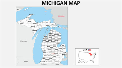 Michigan Map. Political map of Michigan with boundaries in white color. - obrazy, fototapety, plakaty