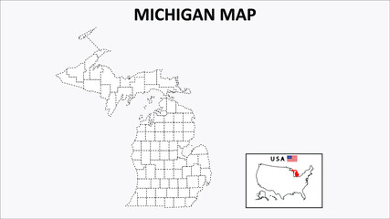 Michigan Map. State and district map of Michigan. Political map of Michigan with outline and black and white design.