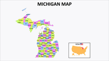 Michigan Map. District map of Iowa in 2020. District map of Michigan in color with capital.