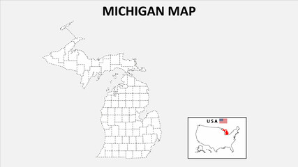 Michigan Map. State and district map of Michigan. Political map of Michigan with outline and black and white design.