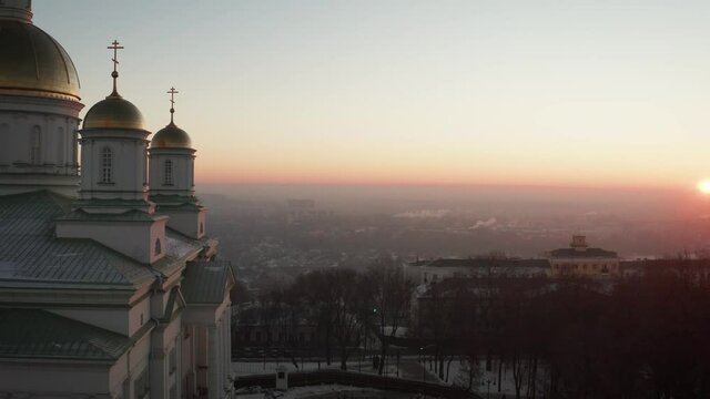 Dome of the church in winter at sunrise. A new church in the Russian winter season. Cathedral in the city of Penza.