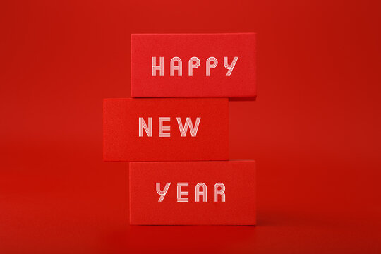 Happy New Year red elegant trendy minimal concept on red background. Stack of rectangles with text