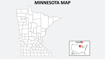 Minnesota Map. State and district map of Minnesota. Political map of Minnesota with outline and black and white design.