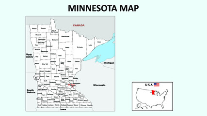 Minnesota Map. Political map of Minnesota with boundaries in white color.