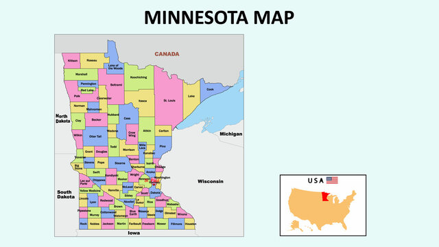Minnesota Map. State and district map of Minnesota. Political map of Minnesota with neighboring countries and borders.