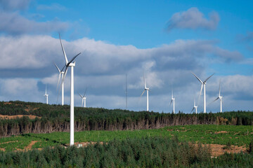 Green forest with wind energy turbines. Blue cloudy sky. Incorporating industrial objects into natural environment concept. Warm sunny day. Green energy production in wild nature.