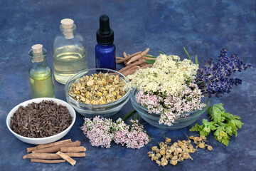 Natural apothecary herbal plant medicine with valerian, chamomile, lavender, ashwagandha, elderflower herbs and flowers. Used as a tranquillizing drug to treat anxiety and insomnia.   - obrazy, fototapety, plakaty