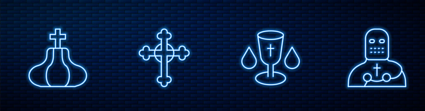 Set Line Christian Chalice, Church Tower, Cross And Knight Crusader. Glowing Neon Icon On Brick Wall. Vector