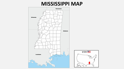Mississippi Map. Political map of Mississippi with boundaries in Outline.