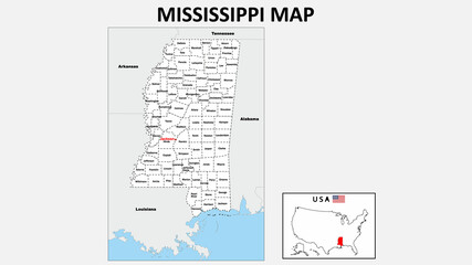 Mississippi Map. Political map of Mississippi with boundaries in white color.