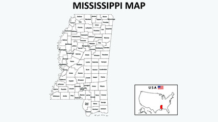 Mississippi Map. State and district map of Mississippi. Administrative map of Mississippi with district and capital in white color.