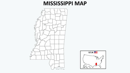 Mississippi Map. State and district map of Mississippi. Political map of Mississippi with outline and black and white design.