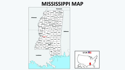 Mississippi Map. Political map of Mississippi with boundaries in white color. - obrazy, fototapety, plakaty