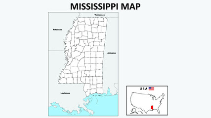 Mississippi Map. Political map of Mississippi with boundaries in Outline.
