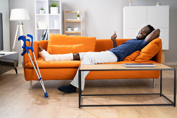 Broken Leg In Cast Recovery. Man With Injury