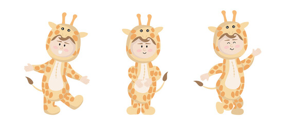 Vector illustration isolated on white background child in animal carnival costume. Cute cartoon baby in a giraffe costume in different poses.
