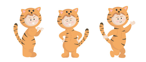 Vector illustration  isolated on white background child in animal carnival costume. Cute cartoon baby in a tiger costume in different poses.