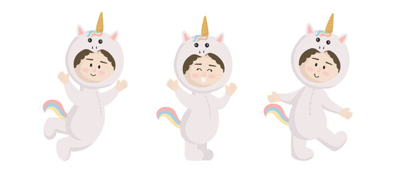 Vector illustration isolated on white background child in animal carnival costume. Cute cartoon baby in a unicorn costume in different poses.