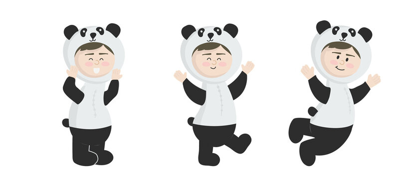 Vector illustration isolated on white background  child in animal carnival costume. Cute cartoon baby in a panda costume in different poses.
