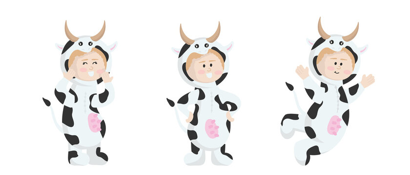 Vector illustration isolated on white background  child in animal carnival costume. Cute cartoon baby in a cow costume in different poses