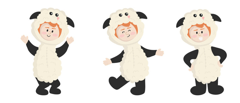 Vector illustration isolated on white background child in animal carnival costume. Cute cartoon baby in a sheep costume in different poses.