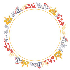 Vector illustration of a floral round frame with yellow flowers, berries. Frame for text, suitable for postcard, wedding invitation, thank you card.Vector border
