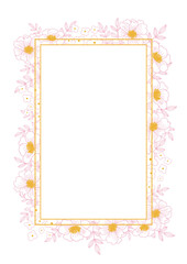 Vector illustration of a floral rectangle frame with contour pink flowers. Frame for text, suitable for postcard, wedding invitation, thank you card. Vector border
