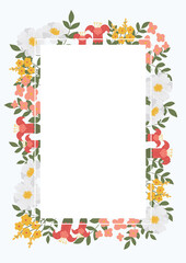 Vector illustration of a floral rectangle frame with flowers. Frame for text, suitable for postcard, wedding invitation, thank you card.Vector border
