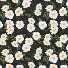Vector seamless pattern with white flowers on a dark  background.