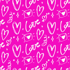 Seamless pattern with white hearts, hand drawn in doodle style. Pink  background. Perfect for wrapping paper or fabric. Cute romantic background.