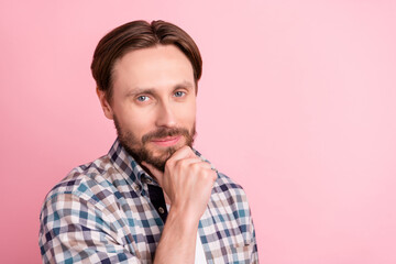 Fototapeta premium Photo of young handsome man happy positive smile hand touch chin barber shop think isolated over pink color background