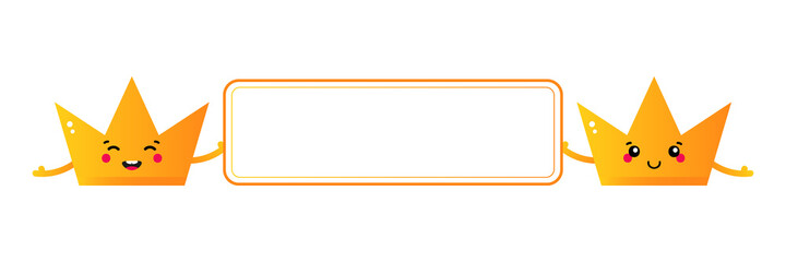 Couple of cute cartoon style golden crowns characters holding in hands blank card, banner.
