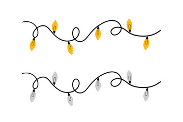 Couple of tangled wires, garlands with christmas lights, lamps. Illuminating and switched off garlands. - 470259147