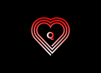 Q letter love logo with vector design. Love illustration. Hand-drawn design for Valentine's day logo. Web icon, symbol, sign. Romantic wedding invitation.